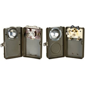 Switzerland. Flashlight, olive, metal casing, new.